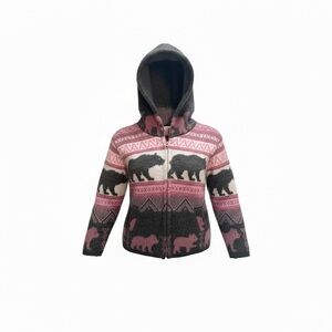 🧸 100% Wool Pink & Grey Full Zip Hooded Sweater – Size 2T
